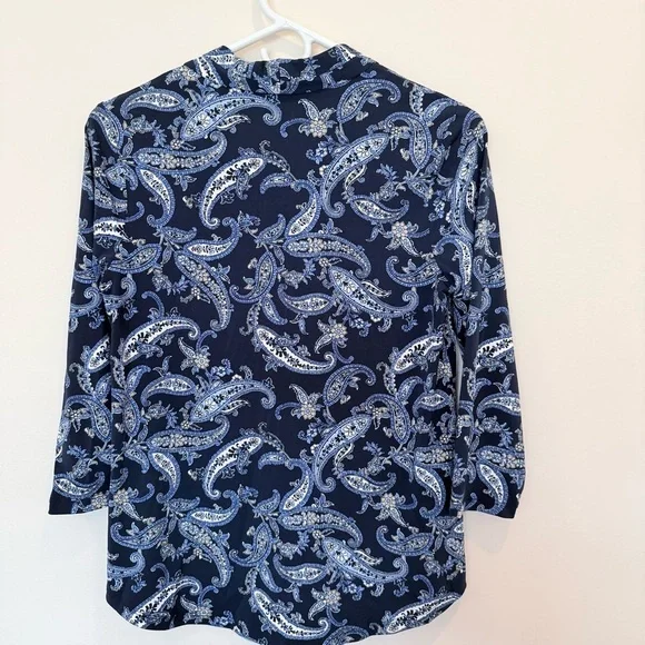 Charter Club Navy Blue Paisley Print 3/4 Sleeve V-Neck Blouse size Petite S - Picture 2 of 6